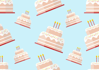 Cute pink cake doodle art seamless pattern on a light blue background. For cards, frames, posters, book covers, textiles, wallpaper, wrapping and fabric.