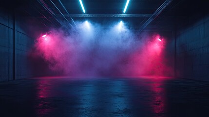 Dark empty room with concrete floor, neon lights and smoke. Abstract background