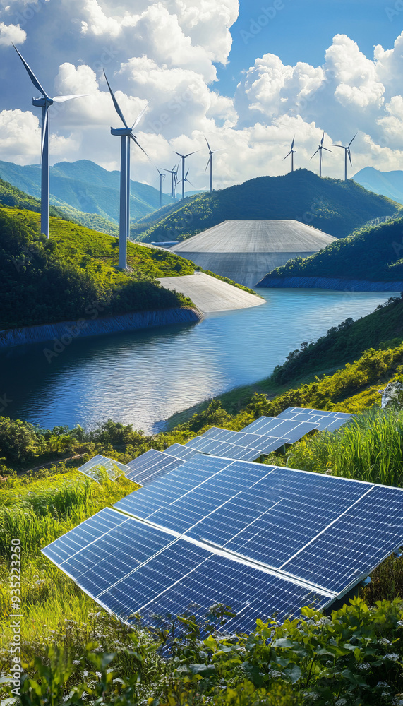 Wall mural generate an image showcasing renewable energy sources, featuring solar panels, wind turbines, and hy