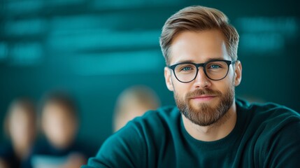 Portrait of a young man wearing glasses and a green sweater