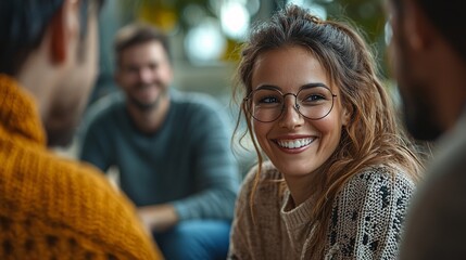 Fototapeta premium Support group in session, warm smiles, caring environment, cinematic style, high resolution, ultra HD,