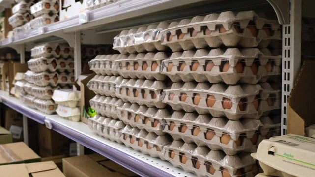 On the shelves in the supermarket are hen's eggs in cartons.