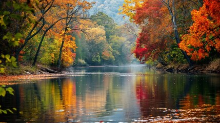 Vibrant fall foliage is reflecting in the still water of a lake on a beautiful autumn day with blue sky and white clouds