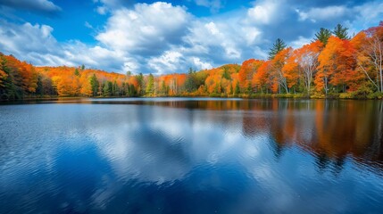 Fototapeta premium Vibrant fall foliage is reflecting in the still water of a lake on a beautiful autumn day with blue sky and white clouds