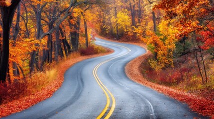 Naklejka premium Empty winding road in a colorful autumn forest invites you to explore nature's beauty on a cloudy fall day