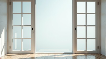 Fototapeta premium Sunlit French Doors Leading to a Patio with Hardwood Floors - Bright Home Interiors