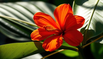 Orange flower on light and dark tropical leaf nature background.paint dye of leaves and nature background, ai