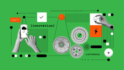 Contemporary Halftone Collage Woman Hand holds Light bulb. Study and education concept. New ideas and solutions in business. Creative mind or brainstorm. Vector illustration