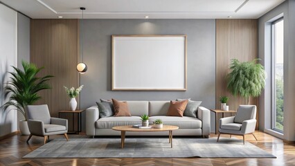 Minimalist living room with large square mock-up, modern elegance, minimalist, living room, accentuated, large, square, mock-up
