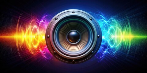 Speaker emitting vibrant sound waves, music, sound, waves, colorful, technology, audio, loud, volume, concert, entertainment