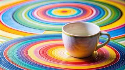 A delicate ceramic cup sits atop a vibrant paper template with colorful circles and lines, waiting to be transformed into a unique design.