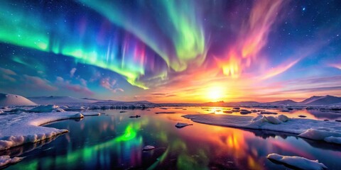 A stunning photo of the aurora borealis and a beautiful sunset over the polar ice, Aurora, sunset, polar, ice, arctic