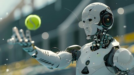Robot Tennis Player Serving: An advanced robot in perfect form, serving a tennis ball with precision and power.

