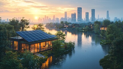 Fototapeta premium Solar panels installed on a futuristic glass bridge, spanning across a river with a city skyline in the distance.