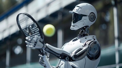 Fototapeta premium Robot Tennis Player Serving: An advanced robot in perfect form, serving a tennis ball with precision and power. 