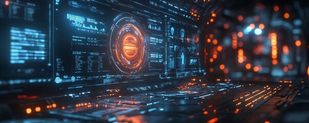 Futuristic fintech interfaces with secure transactions, financial tech economy