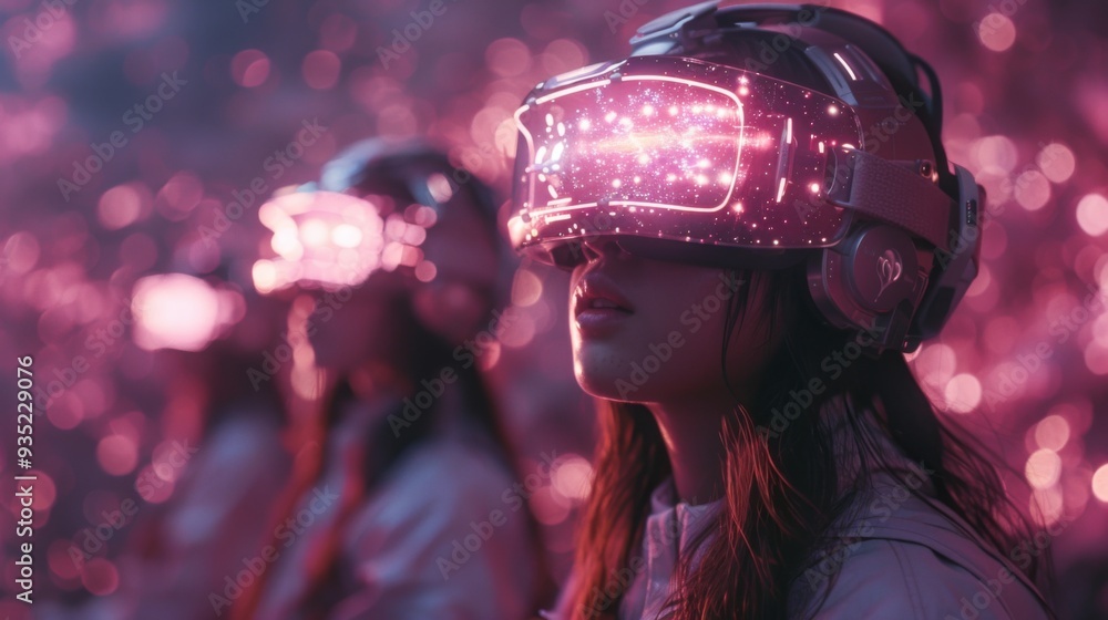 Poster design a mesmerizing scene featuring vr goggles users immersed in a virtual realm filled with dynami