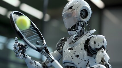 Fototapeta premium Robot Tennis Player Serving: An advanced robot in perfect form, serving a tennis ball with precision and power. 