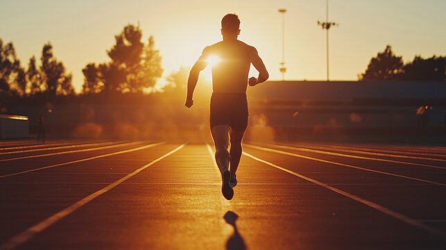 A focused athlete dashes along a track, muscles taut against the backdrop of a vibrant sunset.