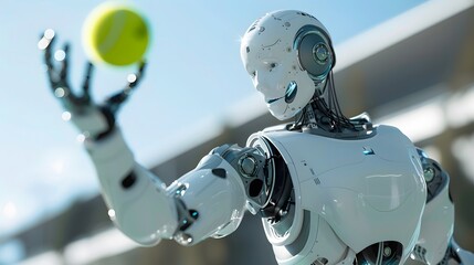 Fototapeta premium Robot Tennis Player Serving: An advanced robot in perfect form, serving a tennis ball with precision and power. 
