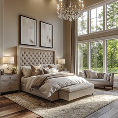 Visualize an elegant luxury bedroom with high ceilings, expansive layout, and natural light streaming through large windows