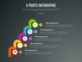5 points or step process infographic with creative circle waterfall or stair way structure with modern dark style for slide presentation