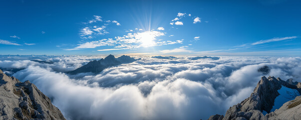 panoramic view from above the clouds in the sky as a motivation concept