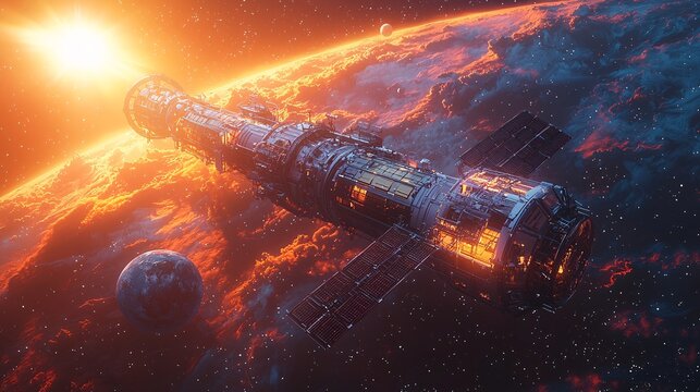 A futuristic space station harnessing solar energy from massive solar arrays against a backdrop of stars and planets.