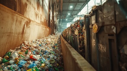 Obraz premium Discover the efficiency of a recycling facility where waste materials are sorted, processed,