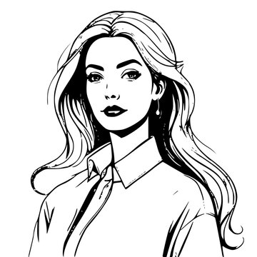 A girl, in white in the style of Comic Illustration. The background is blue, light red and white, creating a beautiful composition. creates harmony and serenity. smiling to herself