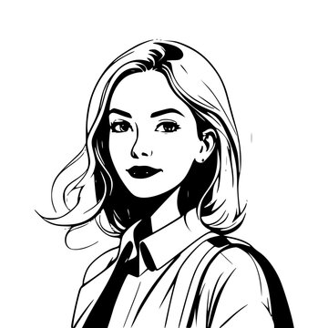 A girl, in white in the style of Comic Illustration. The background is blue, light red and white, creating a beautiful composition. creates harmony and serenity. smiling to herself