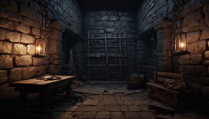 
A dark dungeon cell with a single long wooden table in the center, a door at its end, and iron bars on both sides.  