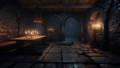 Fototapeta premium A dark dungeon cell with a single long wooden table in the center, a door at its end, and iron bars on both sides. 