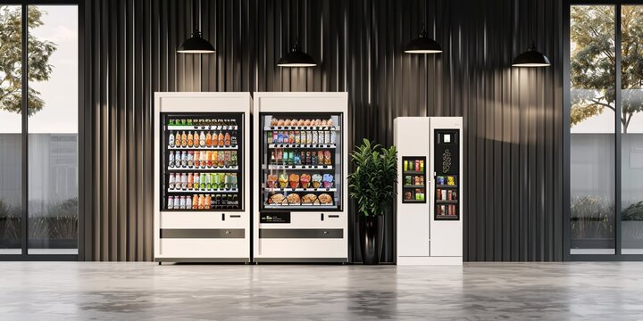 Monochrome vending machine with empty snacks and beverages, featuring a 3D rendering and isolated side view, showcasing a push automated store.