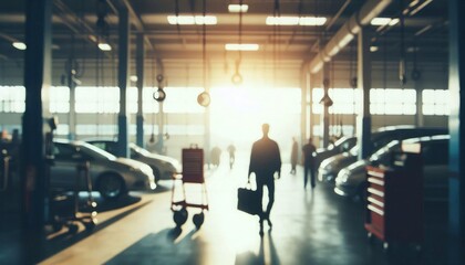 Blurred abstract image of a mechanic service center, featuring vague outlines of cars and tools, creating a soft, dreamlike atmosphere in a car care station background