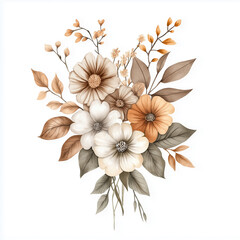hand draw watercolor realistic bouquet fall flower, white background illustration, light brown and white, muted colors,fall colors flowers