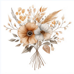 hand draw watercolor realistic bouquet fall flower, white background illustration, light brown and white, muted colors,fall colors flowers