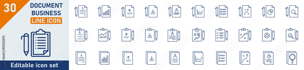 Poster business document line icon set. set of 30 outline icons related to text documents, lists, contracts
