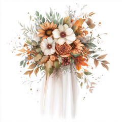 hand draw watercolor realistic bouquet fall flower, white background illustration, light brown and white, muted colors,fall colors flowers