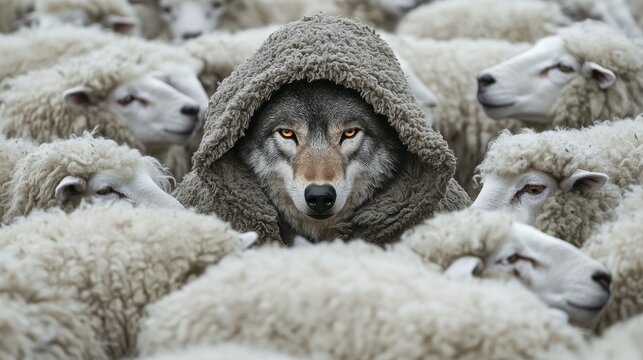 A wolf disguised in sheep's clothing, surrounded by sheep, symbolizes deception and hidden intentions.