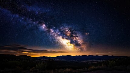 A stunning view of the Milky Way galaxy illuminating a night sky over mountains.