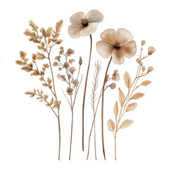 hand draw watercolor realistic bouquet fall flower, white background illustration, light brown and white, muted colors,fall colors flowers