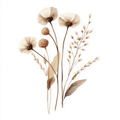 hand draw watercolor realistic bouquet fall flower, white background illustration, light brown and white, muted colors,fall colors flowers