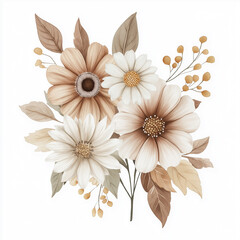 hand draw watercolor realistic bouquet fall flower, white background illustration, light brown and white, muted colors,fall colors flowers