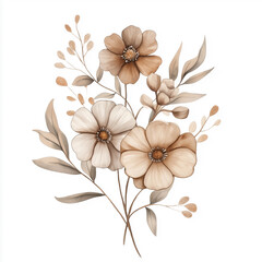 hand draw watercolor realistic bouquet fall flower, white background illustration, light brown and white, muted colors,fall colors flowers