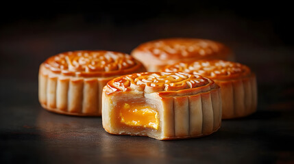 Richly baked mooncakes with a golden yolk filling are showcased against a dark background, highlighting their intricate design and festive significance during the Mid-Autumn Festival.

