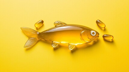 Fototapeta premium Yellow backdrop featuring fish-shaped capsules filled with aquatic oil.