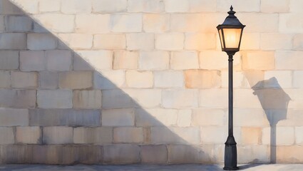 A Glowing Lantern Illuminates a Subtle Textured Wall, Casting a Captivating Shadow as Daylight Fades into Twilight, Evoking a Sense of Nostalgia and Tranquility Outdoors.