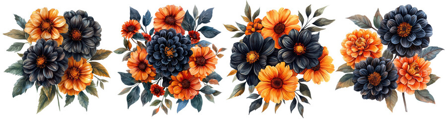 Watercolor illustration of floral arrangements featuring a mix of deep navy blue and vibrant orange flowers with green leaves Watercolor collection hand drawn Botanical transparent isolated PNG