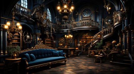 Obraz premium Castle interior, Baroque and renaissance furniture, library and bookcase, wooden carved writing desk and chair on the carpet, Gothic chateau.